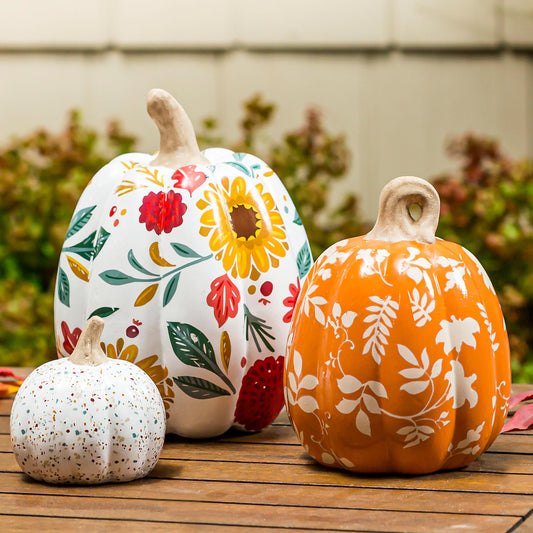 Set of 3 Printed Ceramic Pumpkins, Autumn Blooms